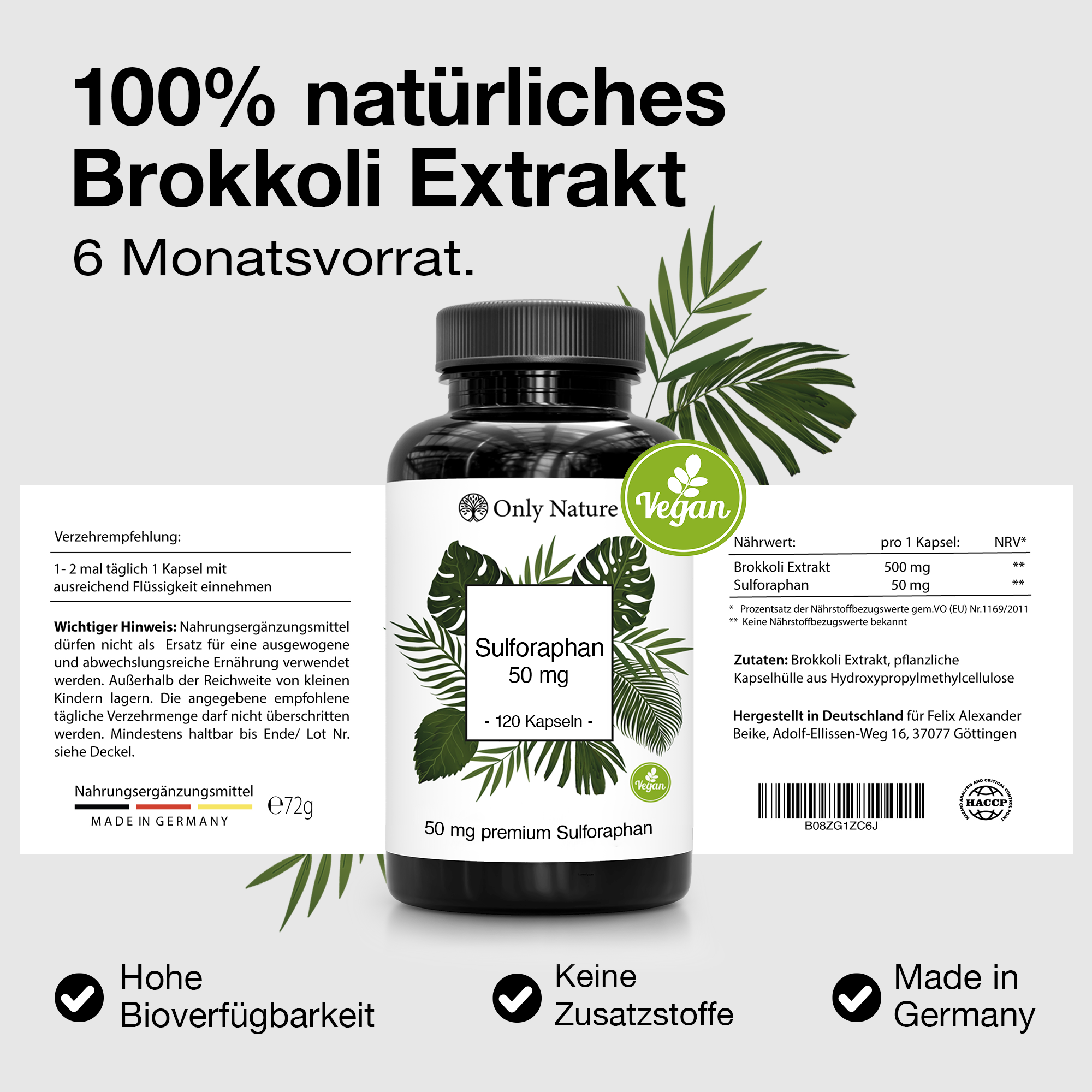 Brokkoli Kapseln - 50mg reines Sulforaphan - 120 Kapseln