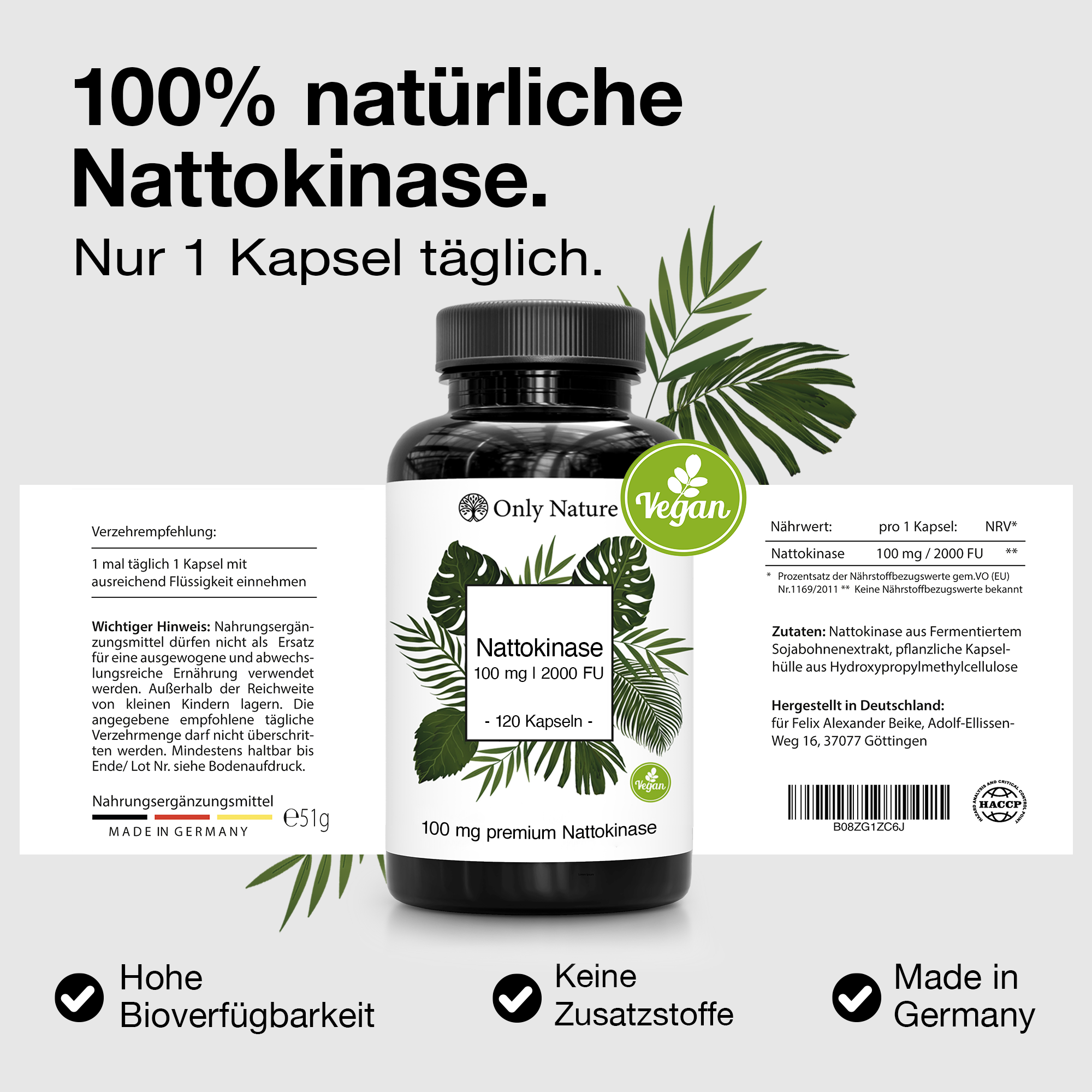 Nattokinase 100 mg (2000 FU) - hochdosiert - 120 Kapseln