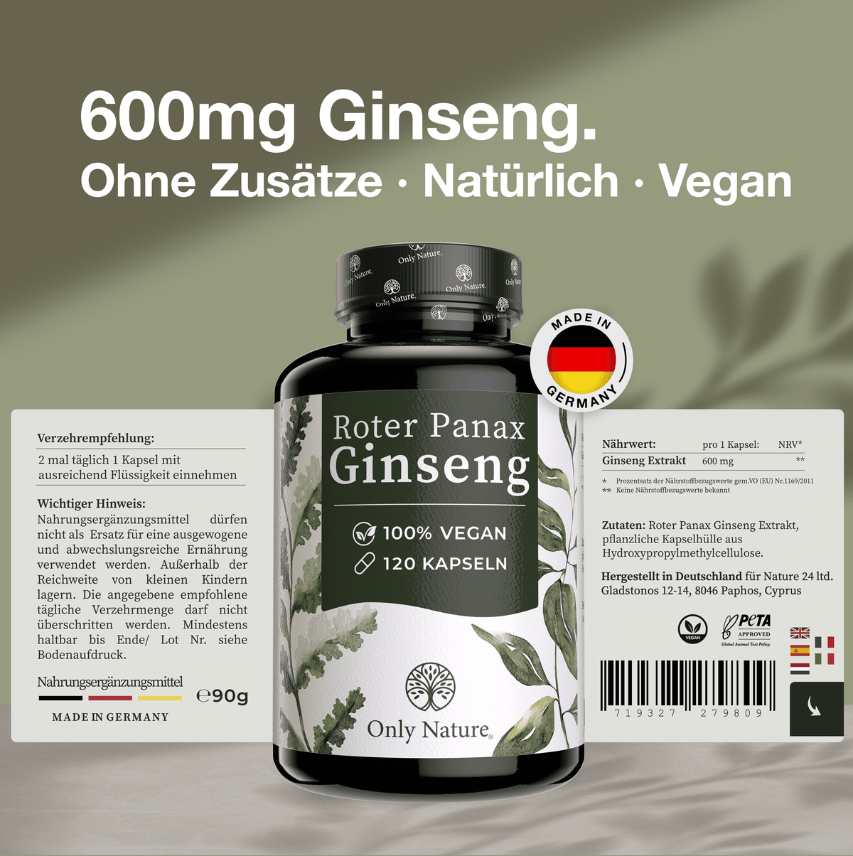 Ginseng 600 mg - hochdosiert 120 mg Ginsenoside - 120 Kapseln