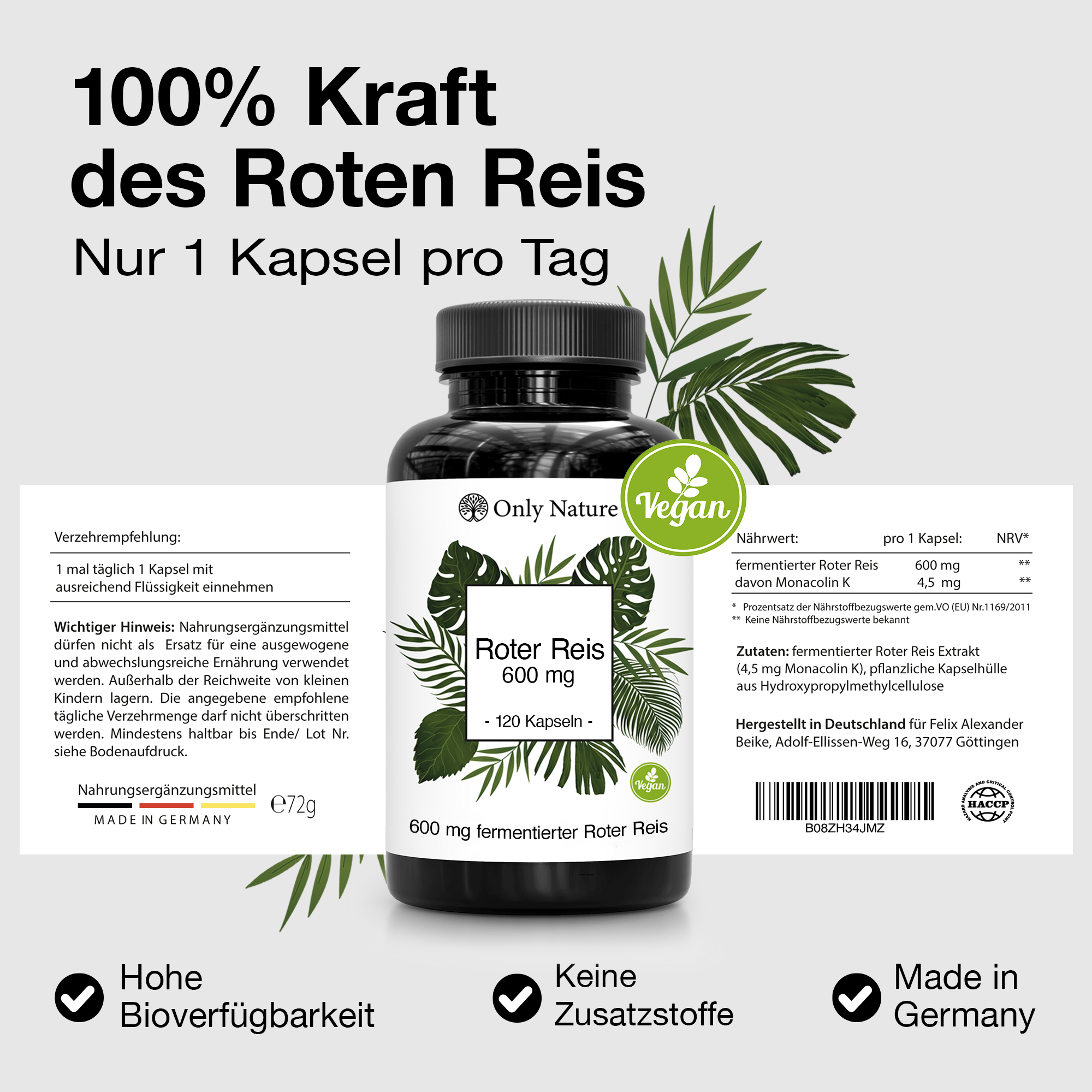 Roter Reis 600 mg - Hochdosiert - 120 Kapseln