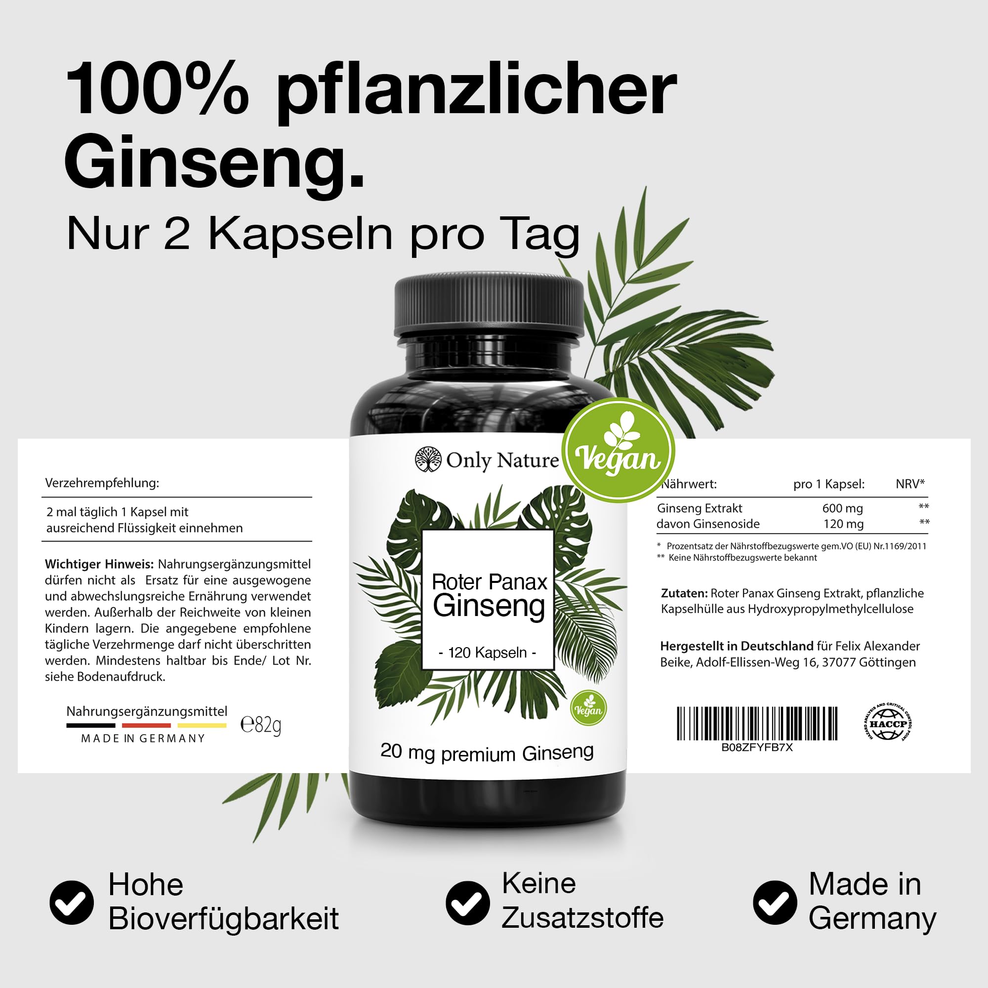 Ginseng 600 mg - hochdosiert 120 mg Ginsenoside - 120 Kapseln