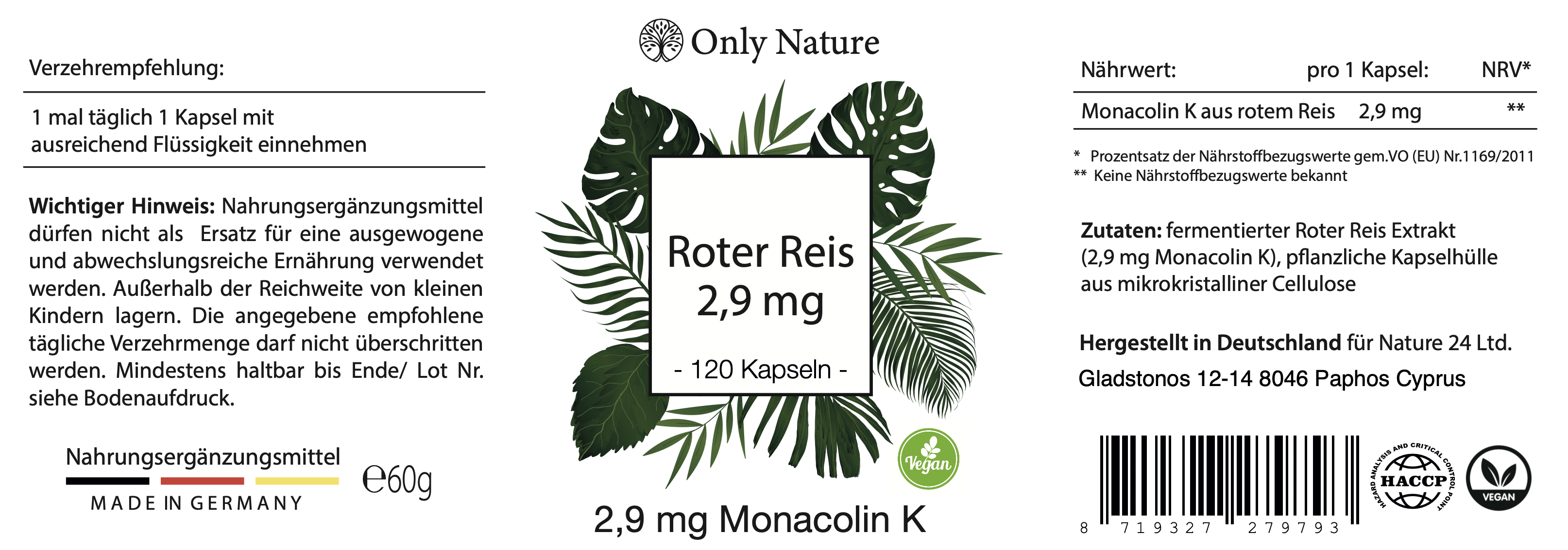 Roter Reis 600 mg - Hochdosiert - 120 Kapseln