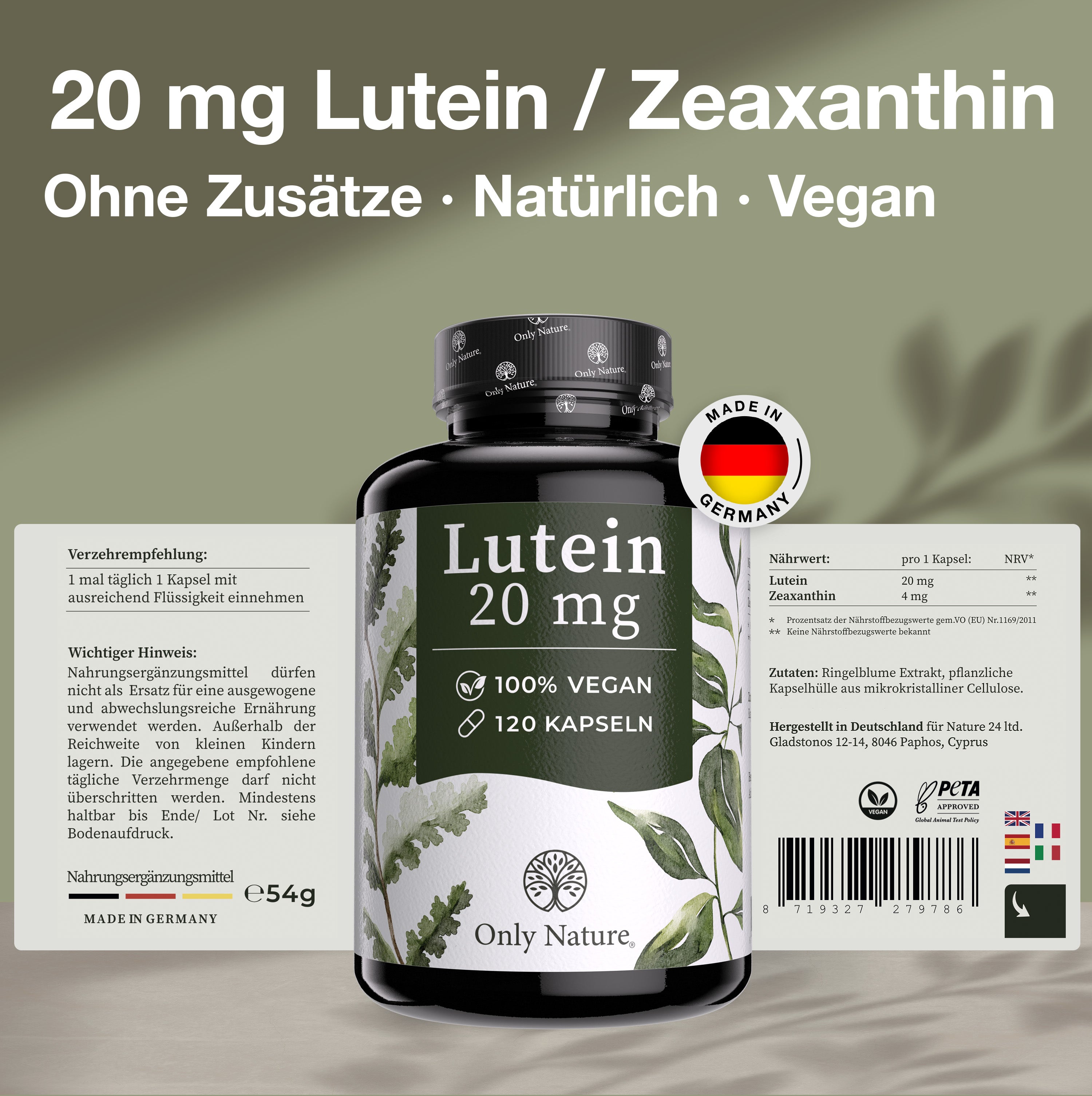 Lutein 20mg (mit 4 mg Zeaxanthin) - 120 Kapseln