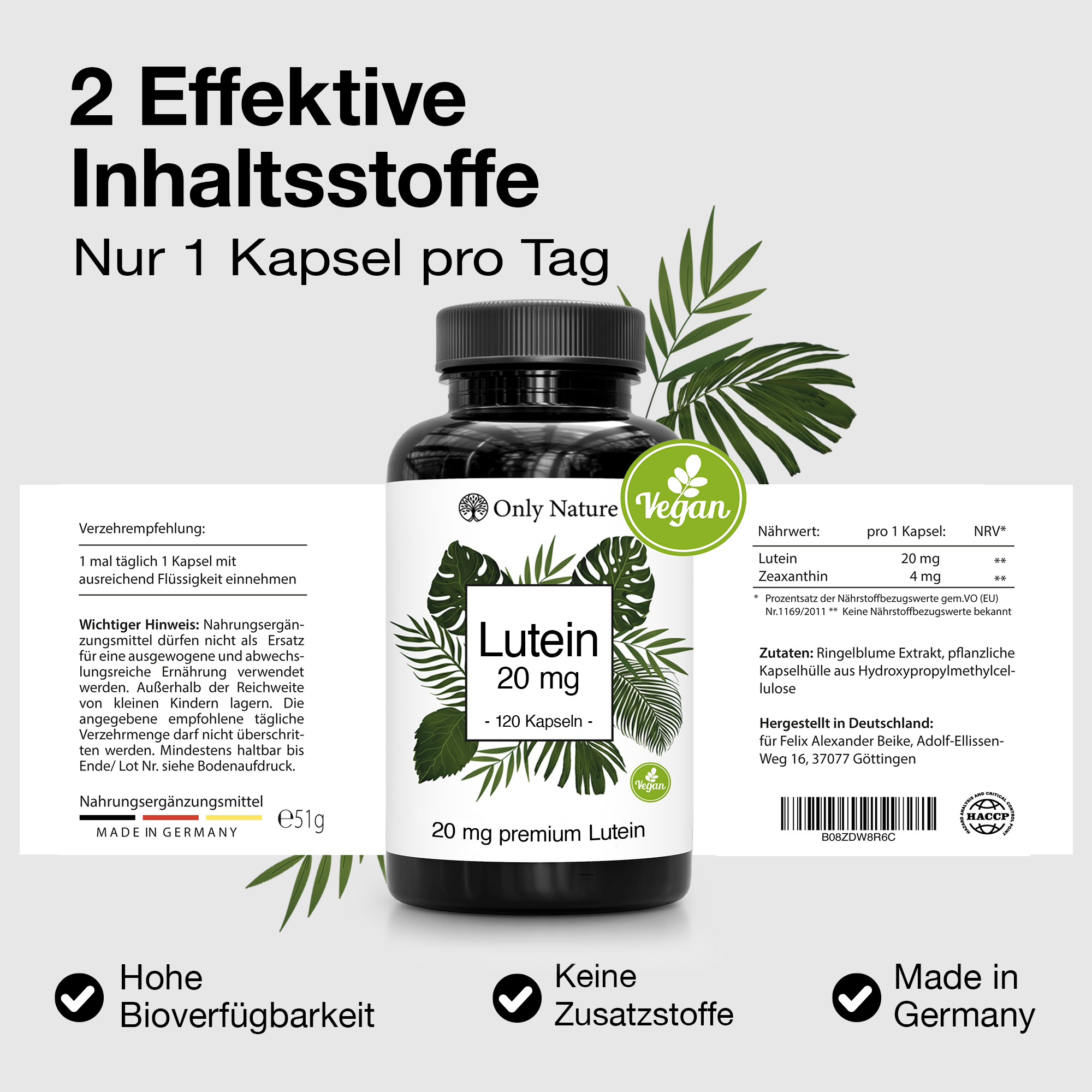 Lutein 20mg (mit 4 mg Zeaxanthin) - 120 Kapseln